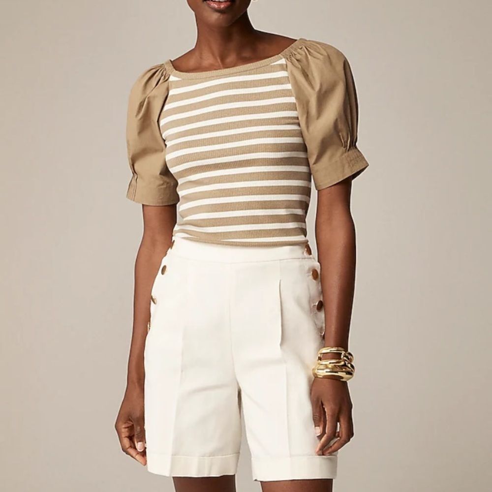 J. Crew Vintage Ribbed top with Cotton Poplin Puff Sleeves tan stripe size small
